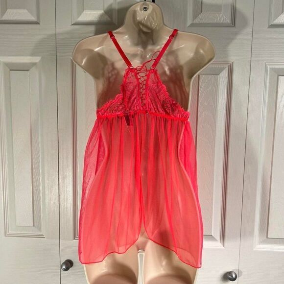 Victoria's Secret 2-Pc Neon Pink Sheer/Lace/Lace Up Babydoll Size Lg NWT - Picture 4 of 13